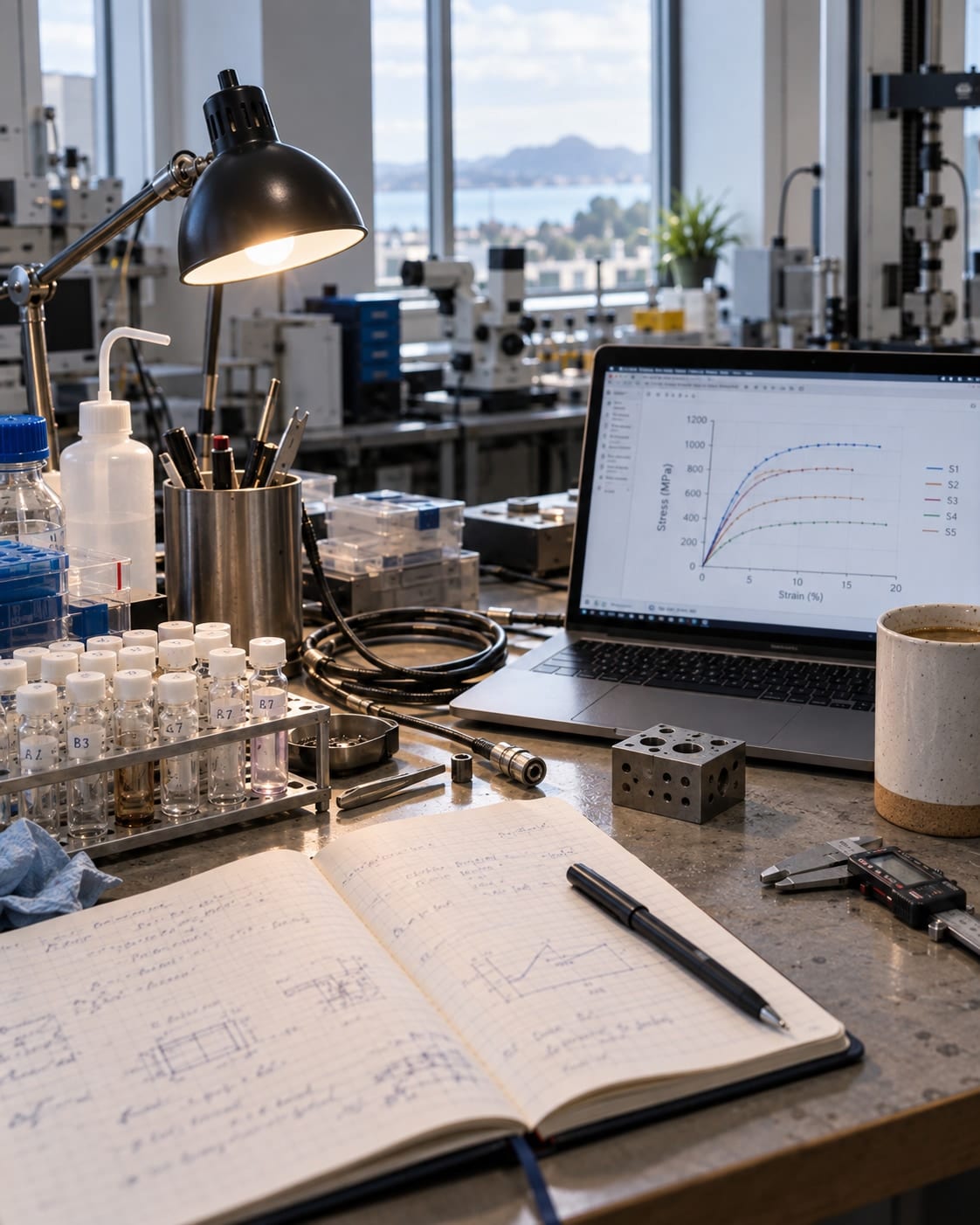 A research bench mid-experiment, instruments and notes in use