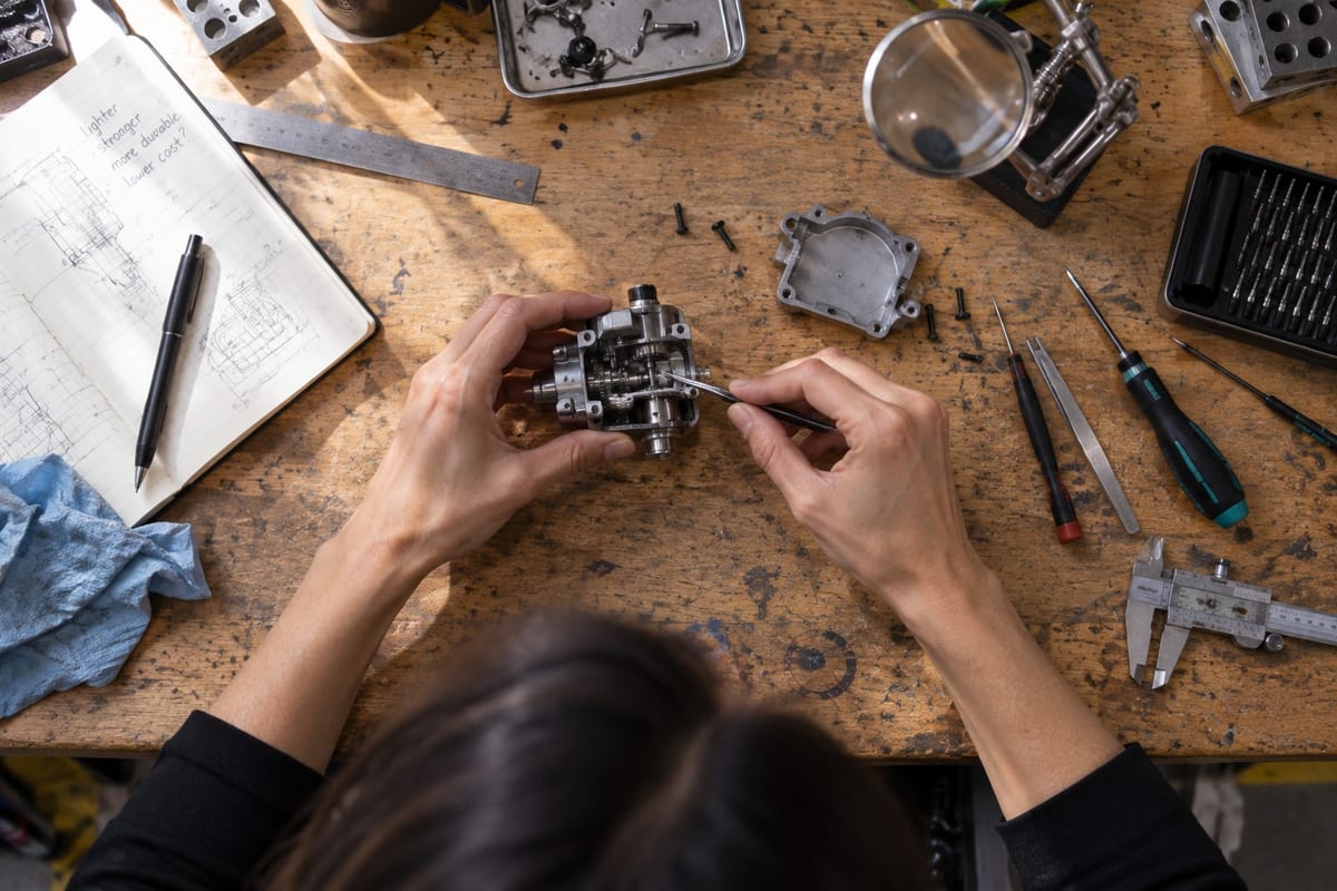 Hands taking a mechanical device apart on a workbench