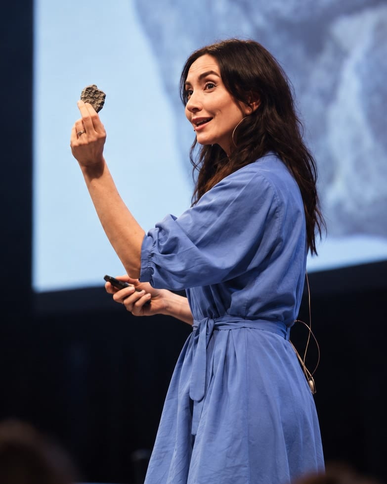 Dr Michelle Dickinson holding a sample up to the audience during a live demonstration
